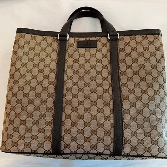 Gucci GG Canvas Dark Brown Signature Handbag Large Leather Weekender Tote Bag NW - Picture 1 of 9